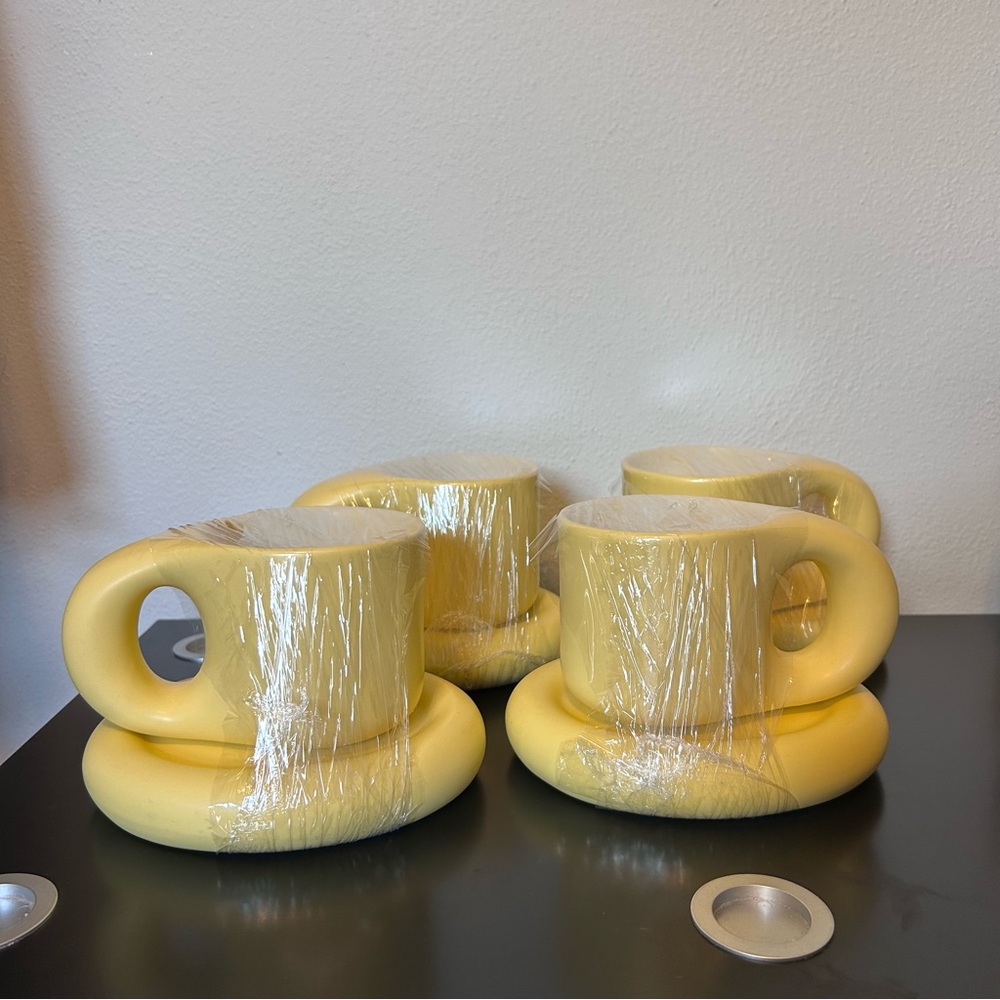 Yellow Ceramic Mug with Plate Set of 4